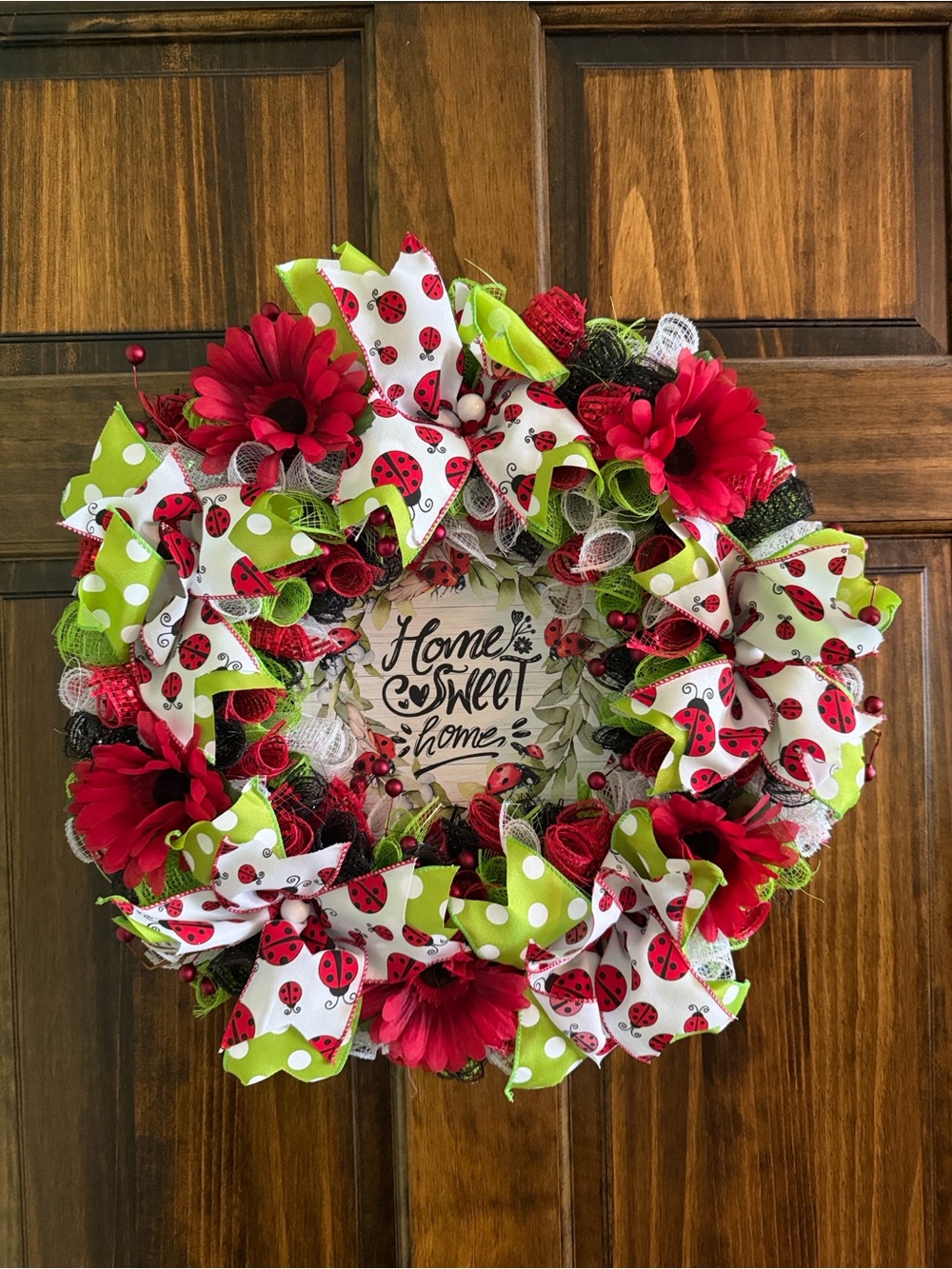 Home Holiday Red Ladybug Wreath with Green Accents